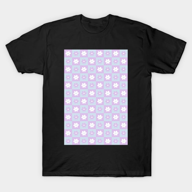 Danish Pastel Aesthetic Checkerboard Flower Design Phone Case in Baby Blue and Lilac T-Shirt by shopY2K